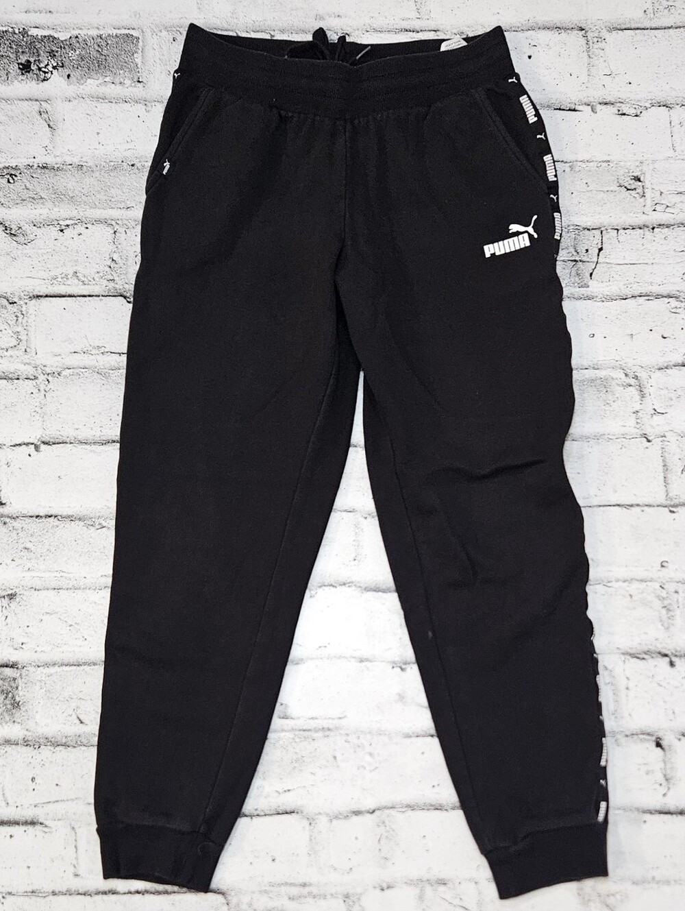 Puma Amplified Black Logo Tape Jogger Sweatpants Small Fleece Athletic